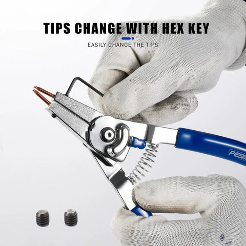 User holding 8 Inch Snap Ring Pliers Kit With Interchangeable Tips For Internal And External Rings, Fast Flip Switch, showing tip change.