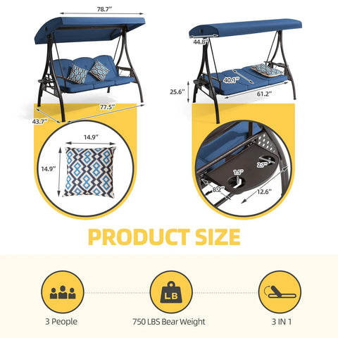 Dimensions of Three Seat Outdoor Porch Patio Swing With Adjustable Canopy And Cup Holder, 3 In 1 Convertible Swing Bed