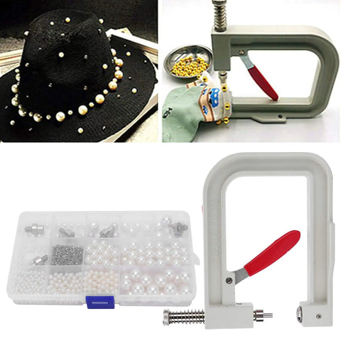 Top-Notch Hand Press Pearl Setting Machine For Crafting with assorted pearls and a hat for DIY projects.