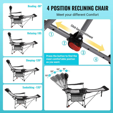 4-position reclining 2 In 1 Reclining Camping Chair With Footrest For Adults Folding Lounge Chair With Adjustable Backrest