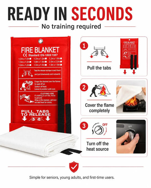Instructions for using Two Pack Hella Tough Emergency Fire Blanket, 40 Inch Premium Fiberglass Flame Resistant Sheet.