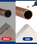 WORKPRO deburring tool with 11 HSS blades; copper pipe and before/after deburred metal edge collage.