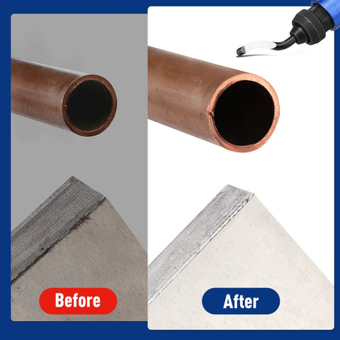 WORKPRO deburring tool with 11 HSS blades; copper pipe and before/after deburred metal edge collage.