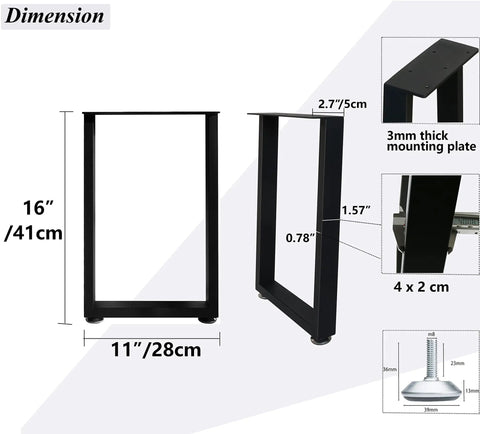 Beefy 16 Inch Steel Table Legs Set Of 2 For Coffee Or Side Tables, 11 Inch Wide, 16 Inch Height, Square Tube Construction, Holds Up To 300 Pounds, Built For Benches And Desks, Easy Install showing dimensions and adjustable foot.