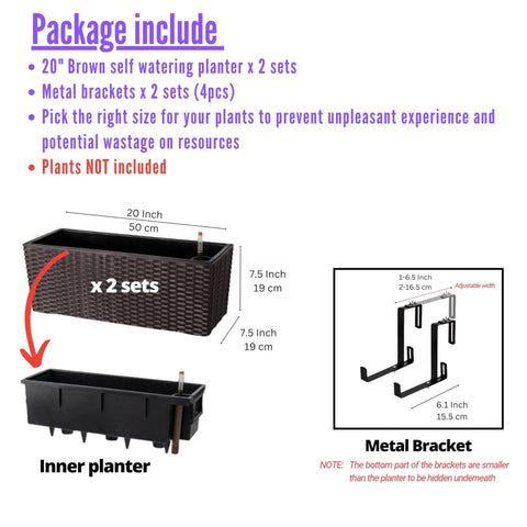 Outdoor Rail Planter For Balcony 20 Inch Two Pack With Rattan Pattern Design Drainage Holes And Brackets For Easy Hanging