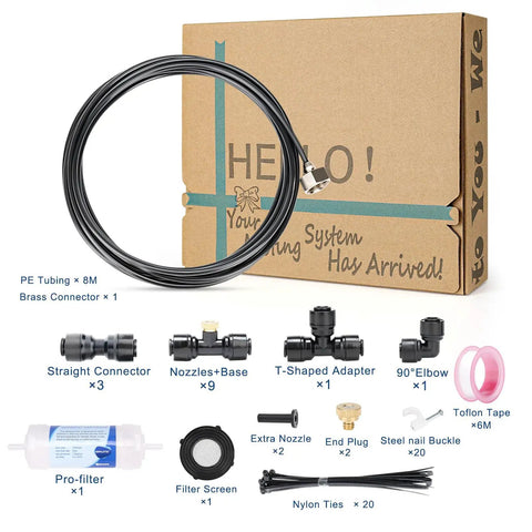 Outdoor Patio Misting System 26 Foot Kit With 9 Brass Nozzles And Filter, DIY Easy Install components displayed with box