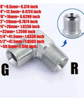 Premium Grade Pro Heavy Duty High Pressure Hydraulic Hose Elbow Reducer Fitting With Strong External Thread Connections Works Great For Pipe Size Switches From One Eighth To One Inch Wide For Smooth Pipeline Flow Changes You Love Today. Stainless steel elbow reducer fitting with external threads, shown with size chart.