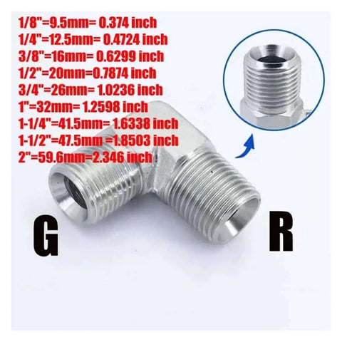 Premium Grade Pro Heavy Duty High Pressure Hydraulic Hose Elbow Reducer Fitting With Strong External Thread Connections Works Great For Pipe Size Switches From One Eighth To One Inch Wide For Smooth Pipeline Flow Changes You Love Today. Stainless steel elbow reducer fitting with external threads, shown with size chart.