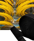 Premium Nylon Protective Hose Sleeve For Welding And Hydraulic Hoses 1 Inch Inner Diameter 25 Feet Long Tough As Nails Abrasion Resistant Cable Cover Shield Flame Retardant And Dustproof Black alongside yellow cables in a server room