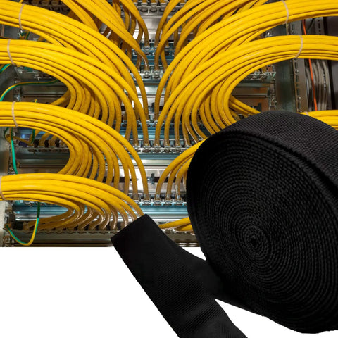 Premium Nylon Protective Hose Sleeve For Welding And Hydraulic Hoses 1 Inch Inner Diameter 25 Feet Long Tough As Nails Abrasion Resistant Cable Cover Shield Flame Retardant And Dustproof Black alongside yellow cables in a server room