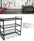 Heavy Duty Metal Wall Mount Power Tool Organizer With Extra Slots And Hooks For Sick Garage Shop Setup, black metal structure with shelves and hooks.