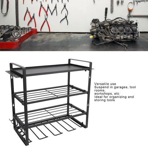 Heavy Duty Metal Wall Mount Power Tool Organizer With Extra Slots And Hooks For Sick Garage Shop Setup, black metal structure with shelves and hooks.