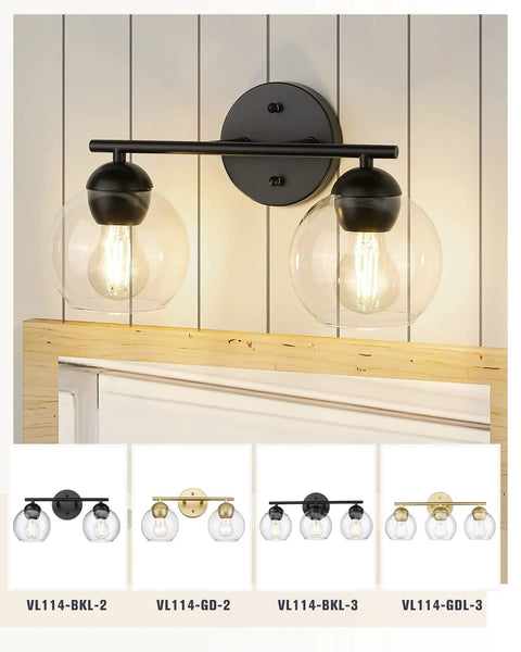 Two Light Black Bathroom Vanity Light Over Mirror With Clear Glass Globe Shades Dope Sleek Modern Bath Fixture