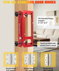 Shop Tough All In One Door Hinge Jig And Router Template Kit showing tool alignment on wood door and hinge options.