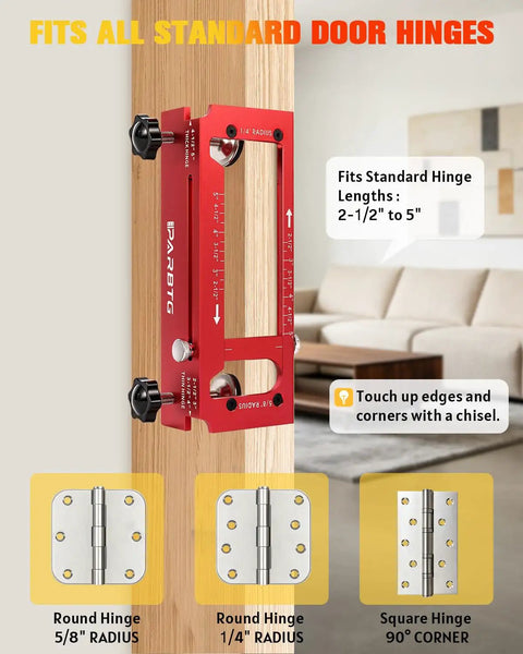 Shop Tough All In One Door Hinge Jig And Router Template Kit showing tool alignment on wood door and hinge options.