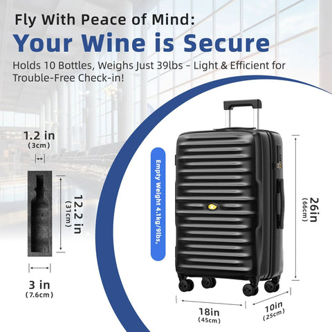 SERABETTO wine suitcase, black 10-bottle luggage with removable inserts and TSA lock.
