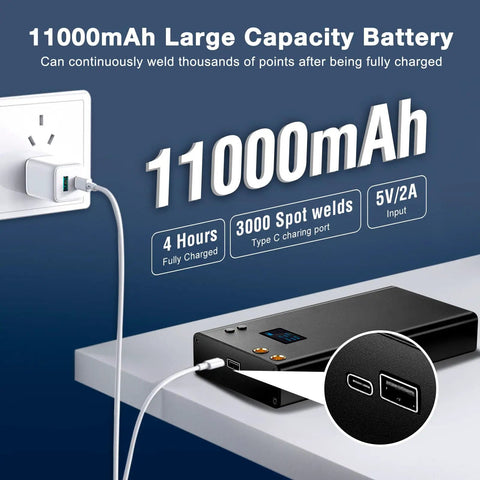 Dope Portable 11000mAh Battery Spot Welder With LCD Screen 80 Gear Adjustable Power Type C Charge Nickel Strip Kit USB Cable Compact Mini Welder For Battery Pack Spot Welding showing charging port and battery capacity