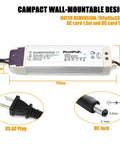 12V 30W LED Power Supply Driver For Flexible LED Strip Lights with dimensions and US AC plug, DC jack details