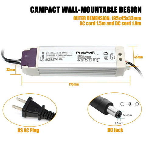 12V 30W LED Power Supply Driver For Flexible LED Strip Lights with dimensions and US AC plug, DC jack details