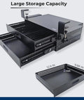 Heavy Duty Carbon Steel Clamp On Under Desk Slide Out Tray Rock Solid Metal Bin with two large drawers, matte black.