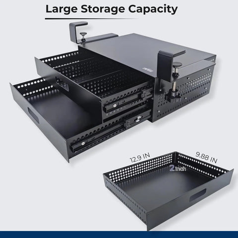 Heavy Duty Carbon Steel Clamp On Under Desk Slide Out Tray Rock Solid Metal Bin with two large drawers, matte black.