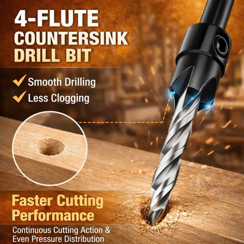 Four-flute adjustable countersink drill bit creating clean hole in wood, part of Five Pack Countersink Drill Bit Set With M2 HSS.