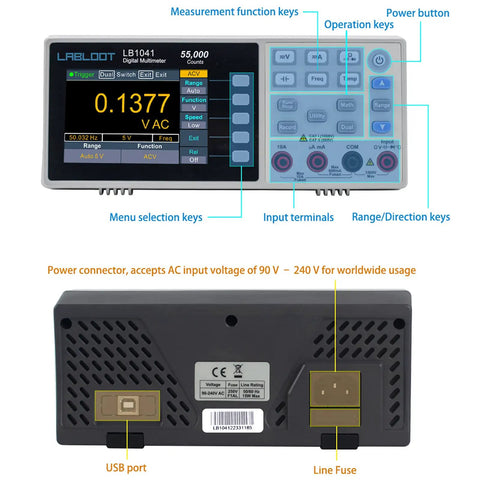 Front and back view of USB Digital Multimeter With True RMS 55000 Counts 3.7 Inch LCD Screen showing buttons and ports.