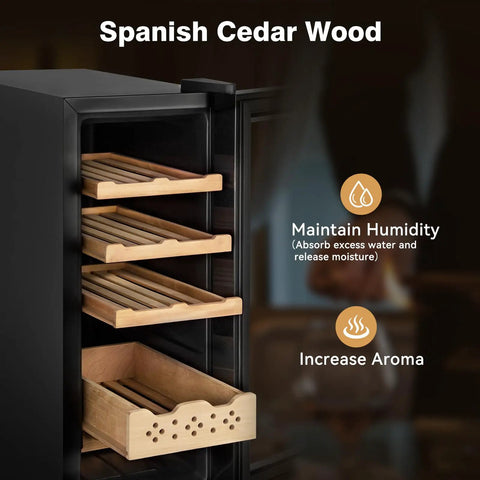 Open 35L Temperature And Humidity Controlled Cooler Cabinet with Spanish cedar shelves, safety lock, digital panel for easy monitoring.