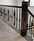 Heavy Duty 15 Piece Set Square Deck Balusters And Stair Spindles Kit Featuring Adjustable Swivel Brackets For Rock Solid Baby Pet Railings On Concrete Floors, black and gold stair railing design.