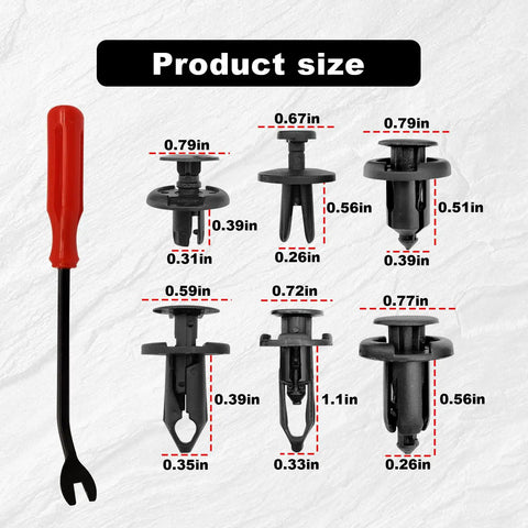 Badass 120 Piece Nylon Push Pin Retainer Clips And Fastener Removal Kit With Bumper Rivets for 6Mm 8Mm 9Mm 10Mm Car Parts showing product sizes.