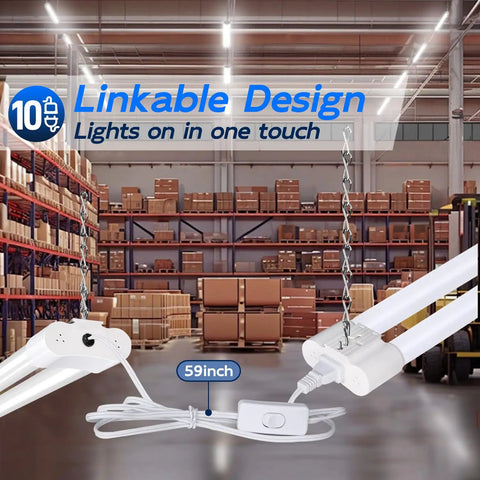 Ten Pack 4ft Linkable LED Shop Light Fixture 4400 Lumens, 42W, 5000K Daylight White for Garage workshop demonstration.