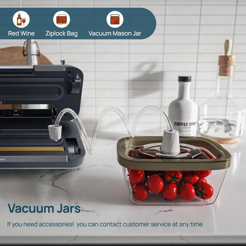 Heavy Duty Vacuum Sealer With 80Kpa Dual Pump sealing vacuum jar containing red tomatoes, countertop view