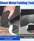 Using a 12 Inch Sheet Metal Bender with Dual Folding Depths 3/8 and 1 Inch for precise metal bending on a workbench.