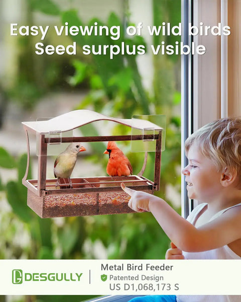 Child watching birds at Metal Window Bird Feeder With Super Sturdy Suction Cups, Easy Mounting System, Large Outdoor Bird Watching Feeder For Viewing From Inside, Anti Rust Durable Curved Design