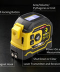 2-in-1 Laser Tape Measure, 197 FT Laser Distance Meter & 16 FT Tape showing self-locking button, display, and magnet hook.