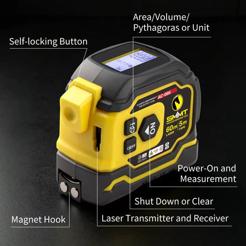 2-in-1 Laser Tape Measure, 197 FT Laser Distance Meter & 16 FT Tape showing self-locking button, display, and magnet hook.