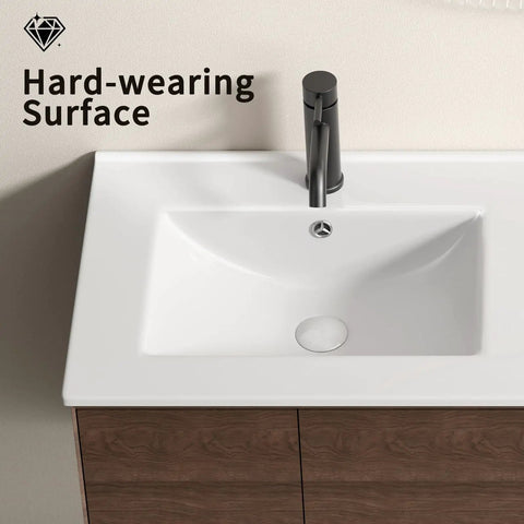 HAOCHRYSYPH Double Bowl Ceramic Sink, Milk White, 47.64 x 18.12 x 6.7 in. close-up view of hard-wearing surface and faucet