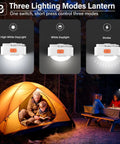 Rechargeable Tent Lights 2 Pack Portable LED Camping Lanterns showing three lighting modes next to a tent scene with people.
