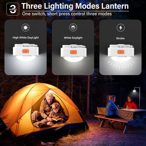 Rechargeable Tent Lights 2 Pack Portable LED Camping Lanterns showing three lighting modes next to a tent scene with people.