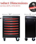 Professional 7 Drawer Rolling Tool Chest with Smooth Gliding Casters and Slick Powder Coated Steel Finish for Garage Crews and Badass Workshop Storage Setup dimensions displayed.