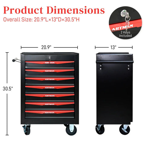 Professional 7 Drawer Rolling Tool Chest with Smooth Gliding Casters and Slick Powder Coated Steel Finish for Garage Crews and Badass Workshop Storage Setup dimensions displayed.