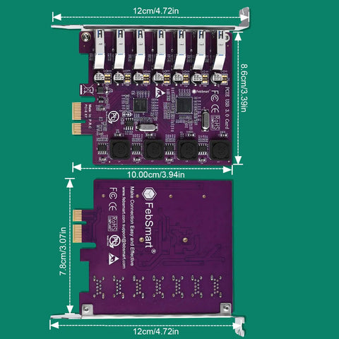 Seven USB Three Point Zero Ports PCIe X1 Expansion Card With Self Powered Technology Delivers Up To 5Gbps For Windows 11 10 8 7 Vista XP Desktop PCs No Extra Power Supply Required Plug And Play, 12cm board