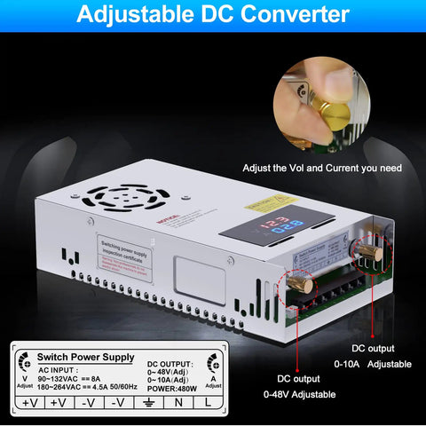 Beefy 480W 10A Adjustable DC Power Supply With Digital LED Display, showing voltage and current adjustment details.