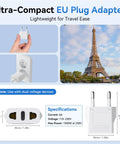 Illustration showing European Travel Plug Adapters for Jetset Trips US to Europe Type C 8 Pack with Eiffel Tower backdrop.