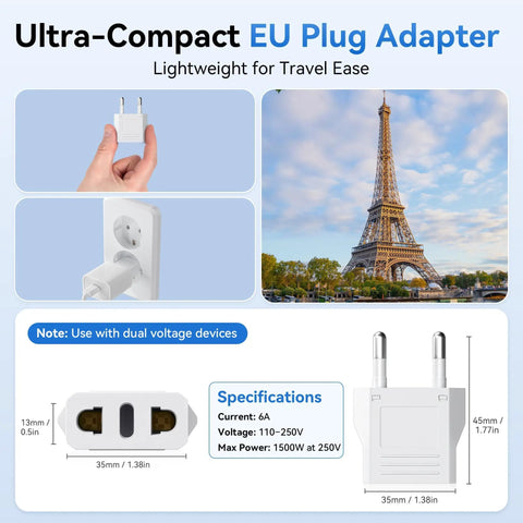 Illustration showing European Travel Plug Adapters for Jetset Trips US to Europe Type C 8 Pack with Eiffel Tower backdrop.