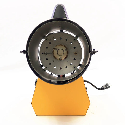 Front view of Heavy Duty 125k BTU Propane Forced Air Heater with visible burner and rugged yellow base.
