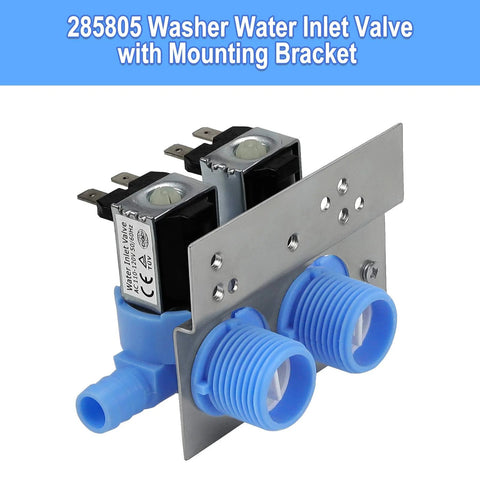 Washer water inlet valve with mounting bracket; front view, dual blue hose ports.
