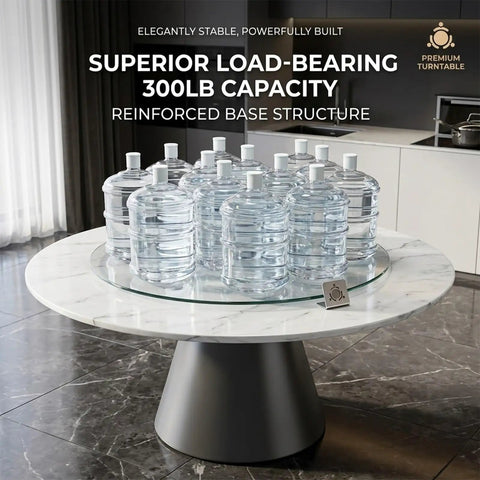 Tempered Glass Round Turntable With Six Wheels Large Lazy Susan Style Serving Tray holding bottles on tabletop