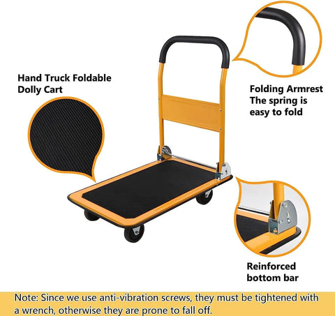 Foldable Platform Cart With Flatbed, 330 Lb Capacity, 4 Wheels, Portable Yellow Utility Cart For Home, Garage Or Shop