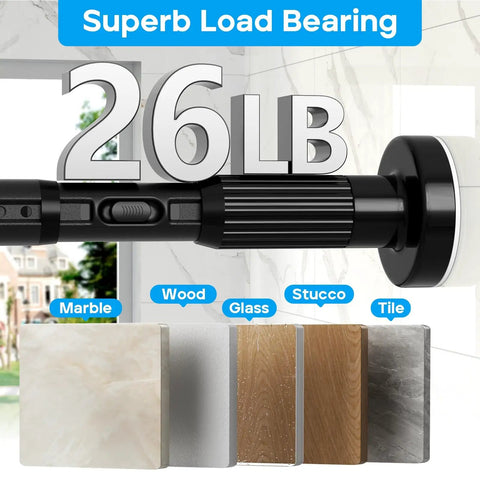Tension Curtain Rod Black Extra Long 40 To 166 Inch Adjustable No Drilling One Click Extend features and load capacity displayed